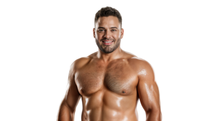A muscular man with a smile and visible abs on a transparent background
