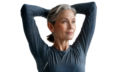 Woman in athletic wear with hands behind head looking off to the side on transparent background