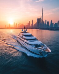 Luxury Yacht Sailing at Sunset on Dubai Background
