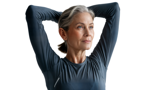 Woman in athletic wear with hands behind head looking off to the side on transparent background
