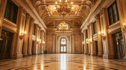 Fototapeta premium A historical hall with classic architecture, marble floors, and an elegant chandelier hanging from the ceiling