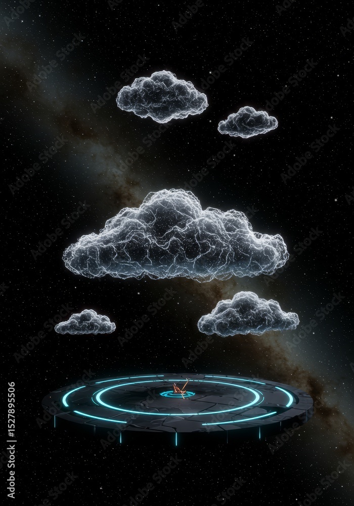 Poster cloud computing platform in space - futuristic cloud computing concept, clouds above a platform in s