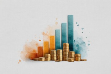 Long-term real estate investment concept. Stacks of gold coins in front of a colorful bar graph representing financial growth or economic success.