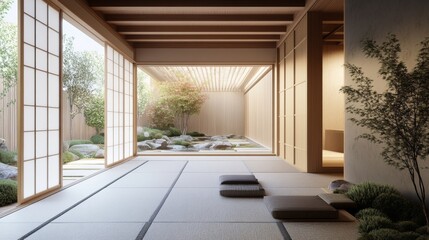 Obraz premium A Japanese-inspired minimalist home with sliding wooden doors, tatami flooring, and a serene atmosphere