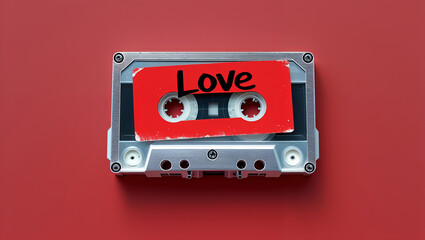 Vintage cassette tape labeled love on a red background retro valentine's day theme