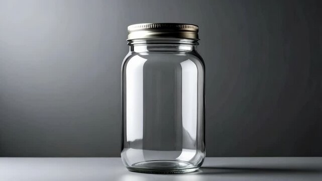 Close up of an empty glass jar with a metal lid standing on a white surface in front of a gray background, studio shot