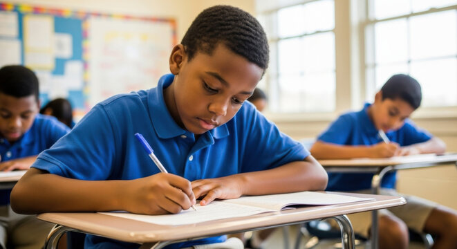 Young African American boy writing. Student in classroom taking test. Elementary school pupil focused on exam. Education, learning, concentration, diversity. Child at desk studying.