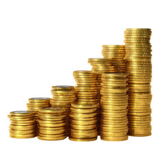 Stacks of gold coins in ascending order isolated on transparent background