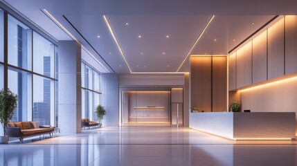 Fototapeta premium A large public hall in a modern building, featuring a minimalist reception area and stylish lighting fixtures