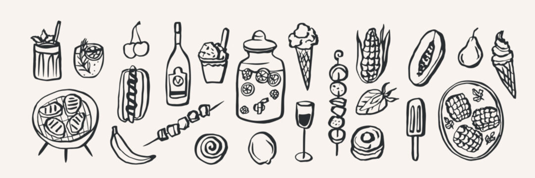 Hand drawn doodle summer food collection