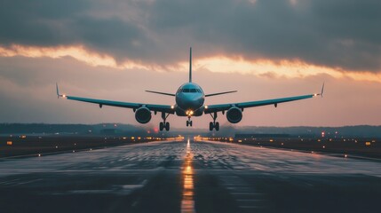 A low-angle shot of an airplane landing, its wings flexing slightly as it nears the runway