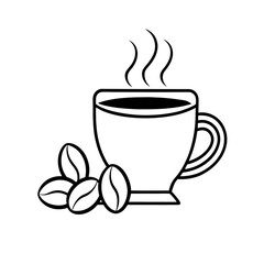 Coffee Cup Scene – Hand-Drawn Line Art with Beans and Steam in Vintage Style


