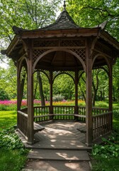 Fototapeta premium Elegant Wooden Gazebo in Spring Garden - Serene spring scene, wooden gazebo, vibrant tulips, peaceful atmosphere, tranquil garden. Symbolizes serenity, nature, beauty, tranquility, and escape