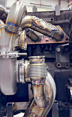 High-Performance Turbo Exhaust Manifold and Downpipe Assembly on Engine Block
