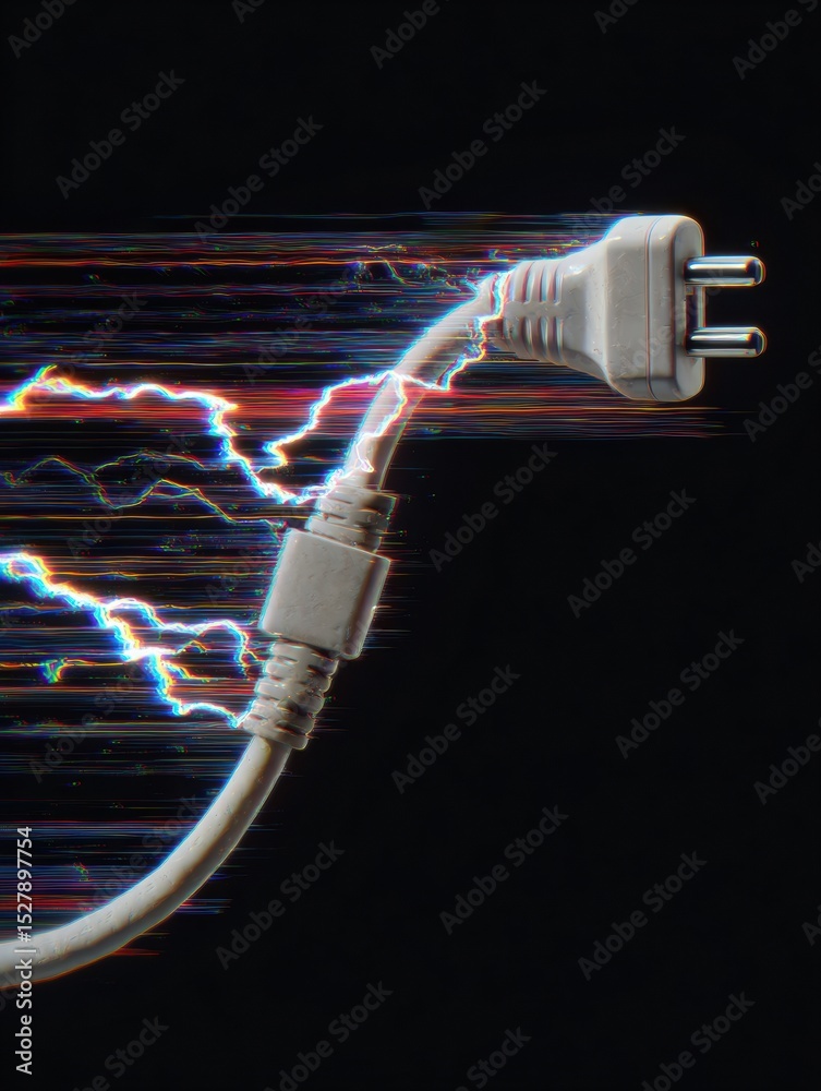 Poster Disconnected Plug and Wire With Glitch Spark Effect Illustrating Energy Disruption in a Digital Environment