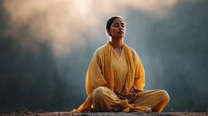 Solitude calm concentrated woman with closed eyes and legs crossed in lotus position during meditation practice, mind relief and mental health