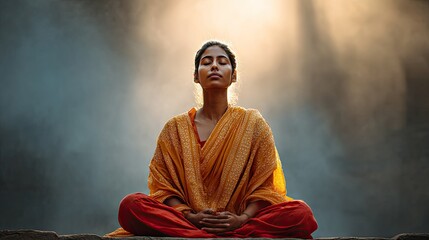 Solitude calm concentrated woman with closed eyes and legs crossed in lotus position during meditation practice, mind relief and mental health