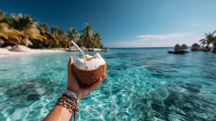 Refreshing coconut in hand against turquoise ocean water, beautiful traveling background, calm perfect beach summer vacations, fabulous idyllic sea landscape
