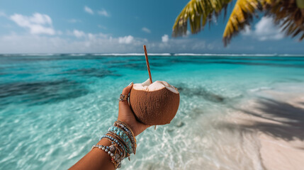 Refreshing coconut in hand against turquoise ocean water, beautiful traveling background, calm perfect beach summer vacations, fabulous idyllic sea landscape