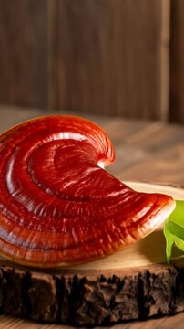 Reishi mushroom on wooden stand, with green leaves, close up studio shot for advertising healthy lifestyle and natural medicine