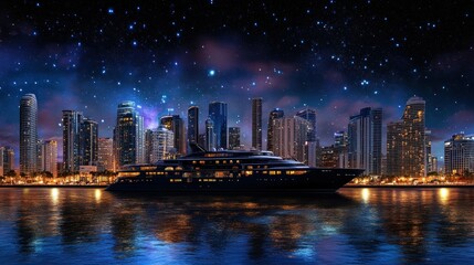 Obraz premium Night city skyline with yacht, starry sky