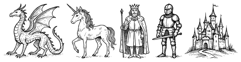 PNG Medieval fantasy mythical creatures, element set on transparent background