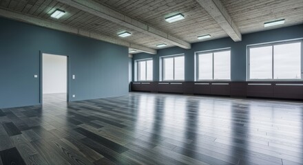 Fototapeta premium Spacious empty room with dark blue walls, wooden floor, and large windows, ready for design.
