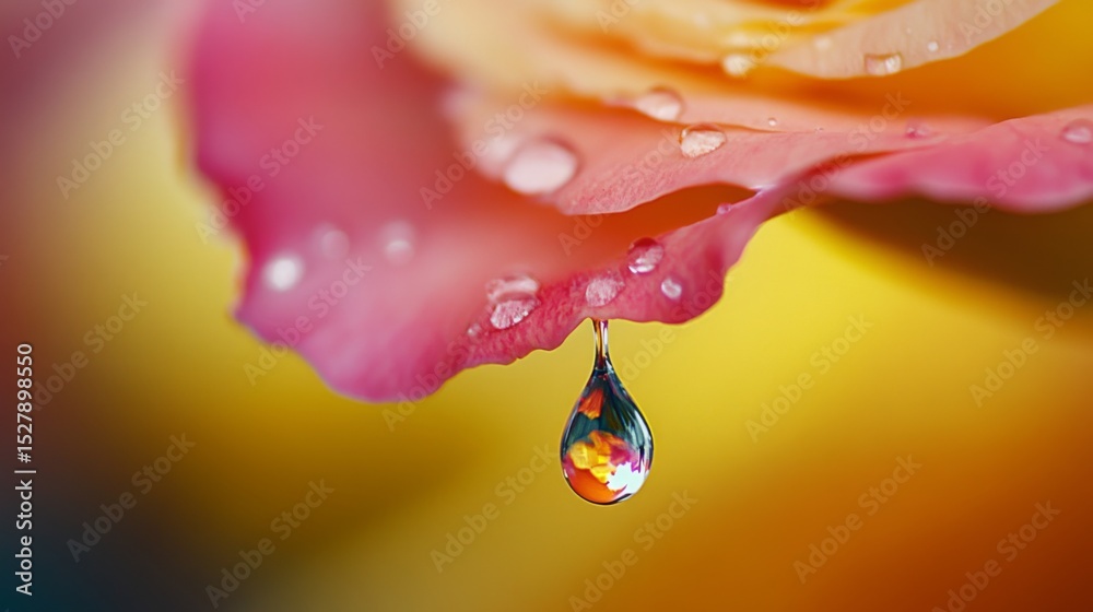 Poster a macro shot of a single drop of water hanging from the tip of a rose petal