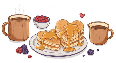 Heart Shaped Pancakes with Coffee and Berries - Delicious heart-shaped pancakes drizzled with syrup, served with coffee and fresh berries. Perfect for a romantic breakfast