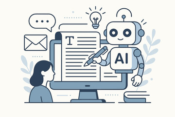 AI writing assistant concept. Robot chatbot helps user write text on computer. Artificial intelligence technology for content creation, copywriting, storytelling and blogging.
