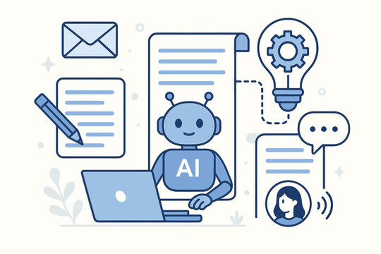 AI writing assistant and copywriting technology concept. Robot generates text on laptop. Artificial intelligence for automated content creation, articles, emails, and chatbot communication.