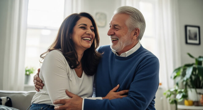 Mature multiethnic couple. Laughing embracing home. Happy senior interracial love. Joy companionship. Husband wife lifestyle. Affectionate diverse partners. Relationship goals comfort.