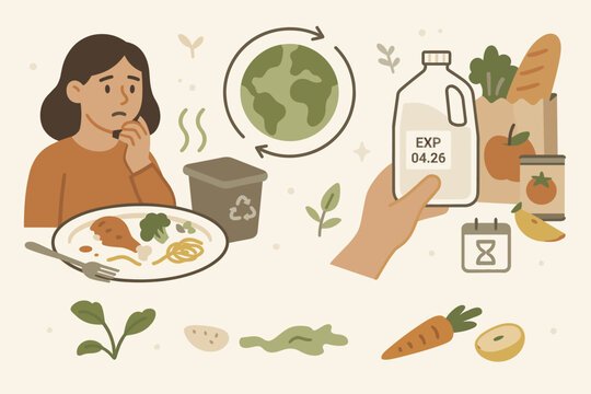 Food waste concept with leftover plate and expiration date. Sustainable and responsible consumption for ecology. Woman concerned about food loss and planet earth. Recycling vector.
