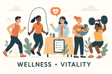 Vector illustration of a health fair and wellness event. Diverse people engaged in fitness, exercise, nutrition, and medical checkup. Concept of healthy lifestyle, vitality and community.