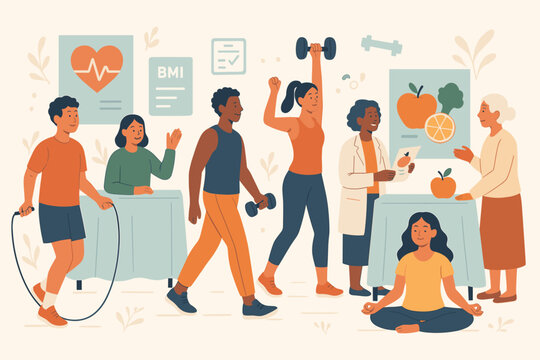 Health fair community event. Diverse people at a wellness festival with doctor consultation, nutrition advice, fitness, exercise, and yoga. Healthy lifestyle and prevention concept.