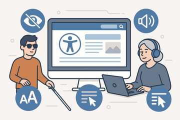 Web accessibility concept illustration. Inclusive website design for people with disabilities like blindness or hearing impairment using assistive technology. Universal UX/UI design.