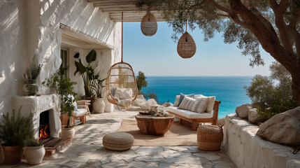 Cozy boho surfer bungalow on the shore of the turquoise ocean, beautiful traveling background, beach summer vacations, scenic idyllic sea landscape