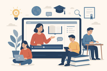 Online education and e-learning concept illustration. Students learning in a virtual classroom with a teacher on screen. Digital course, webinar, and distance education technology.