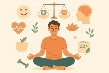Mental wellbeing and healthy lifestyle concept. Man meditating in lotus pose to find balance and harmony. Vector illustration with icons for sleep, food, sport, and psychology.