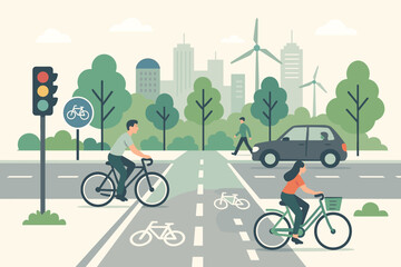 Urban bicycle infrastructure for sustainable transport. People cycling on a dedicated bike lane in a modern green city. Eco-friendly mobility, healthy lifestyle, and road safety.