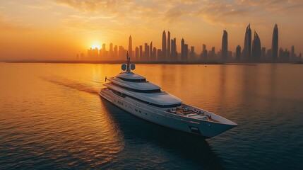 Luxury yacht at sunset on city background
