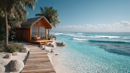 Cozy luxury boho bungalow on the shore of the turquoise ocean, beautiful traveling background, beach summer vacations, idyllic sea landscape