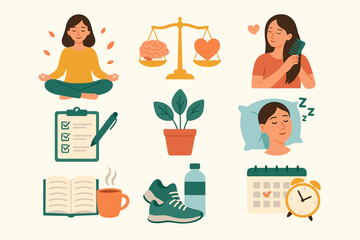 Wellness routine and self care icon set. Healthy lifestyle concept with meditation, sleep, exercise, and reading. Mental and physical health balance for personal growth vector.