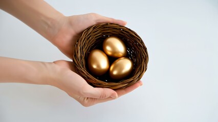 Hands holding a nest with golden eggs, symbolizing wealth and savings.