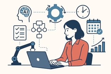 AI-driven efficiency and business process automation. Woman uses technology for workflow optimization. Concept for project management, productivity, time management, and growth.