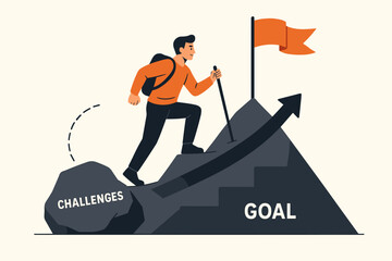Path to success concept. Man with backpack climbing mountain to reach goal flag. Overcoming challenges, career growth, motivation, determination, leadership, and achievement.