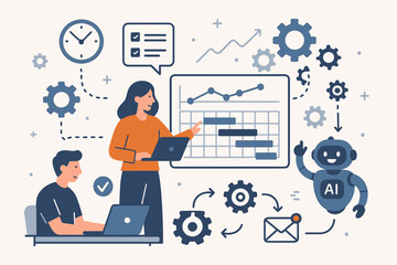 Artificial intelligence for business process automation. Team with an AI robot manages the project schedule on a Gantt chart. Concept of workflow optimization, efficiency, and productivity.
