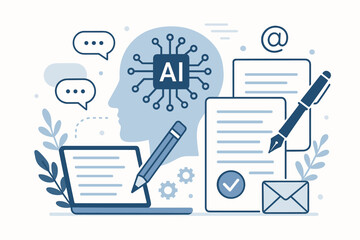 AI writing assistant concept. Artificial intelligence for automated content creation, copywriting, text generation. Machine learning, chatbot for articles, documents, and email.