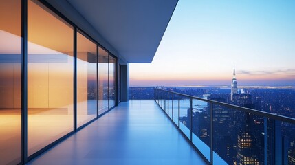 A minimalist balcony with a breathtaking city skyline view at dusk, showcasing a blend of modern architecture and natural beauty.