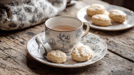 Fototapeta premium Spoon alongside a teacup and a small plate of biscuits